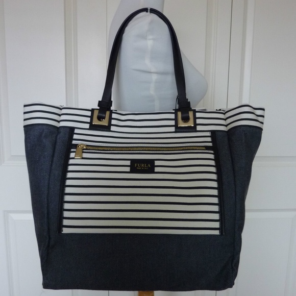 FURLA Reversible Black/Gray Denim Tribe Canvas Tote Bag- Made in Italy